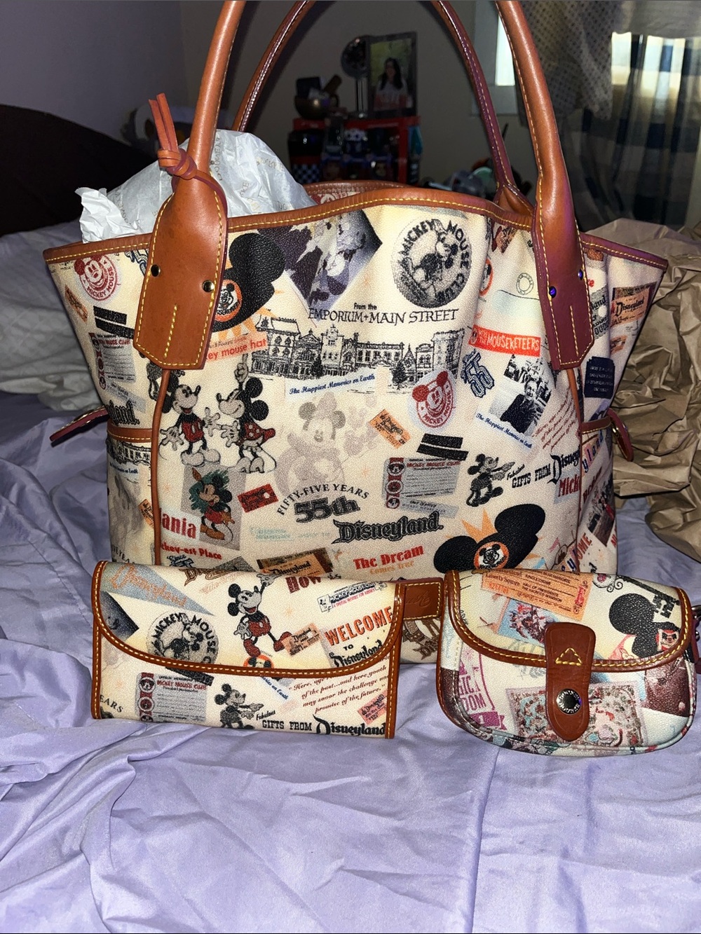 Tan Canvas Tote with Disney Print and Matching Wallets